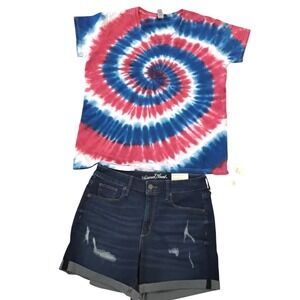Universal Thread Denim Shorts & Gildan Tie Dye Shirt Set Patriotic Outfit 8/29